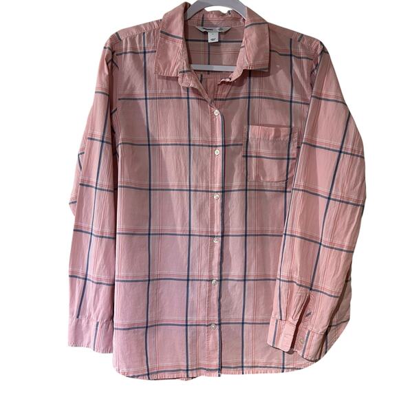 Old Navy The Classic Shirt Pink Plaid Long Sleeve 100% Cotton Boho Office SZ LG - Picture 2 of 8
